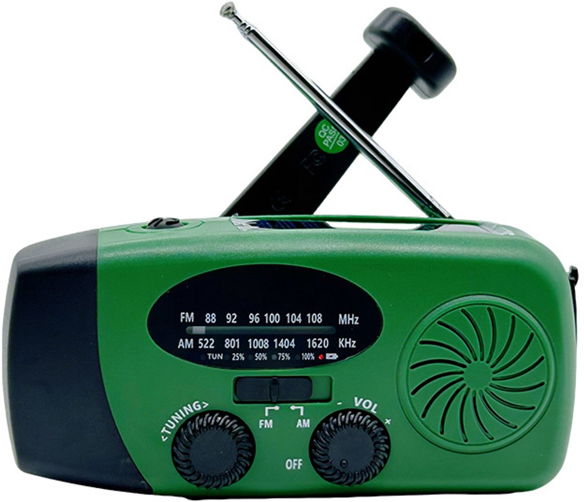 Zonne-energie radio met handzwengel, 2000 mAh batterij, NOAA AM/FM frequentieband, LED zaklamp en SOS alarm voor overleven in de buitenlucht en kamperen.