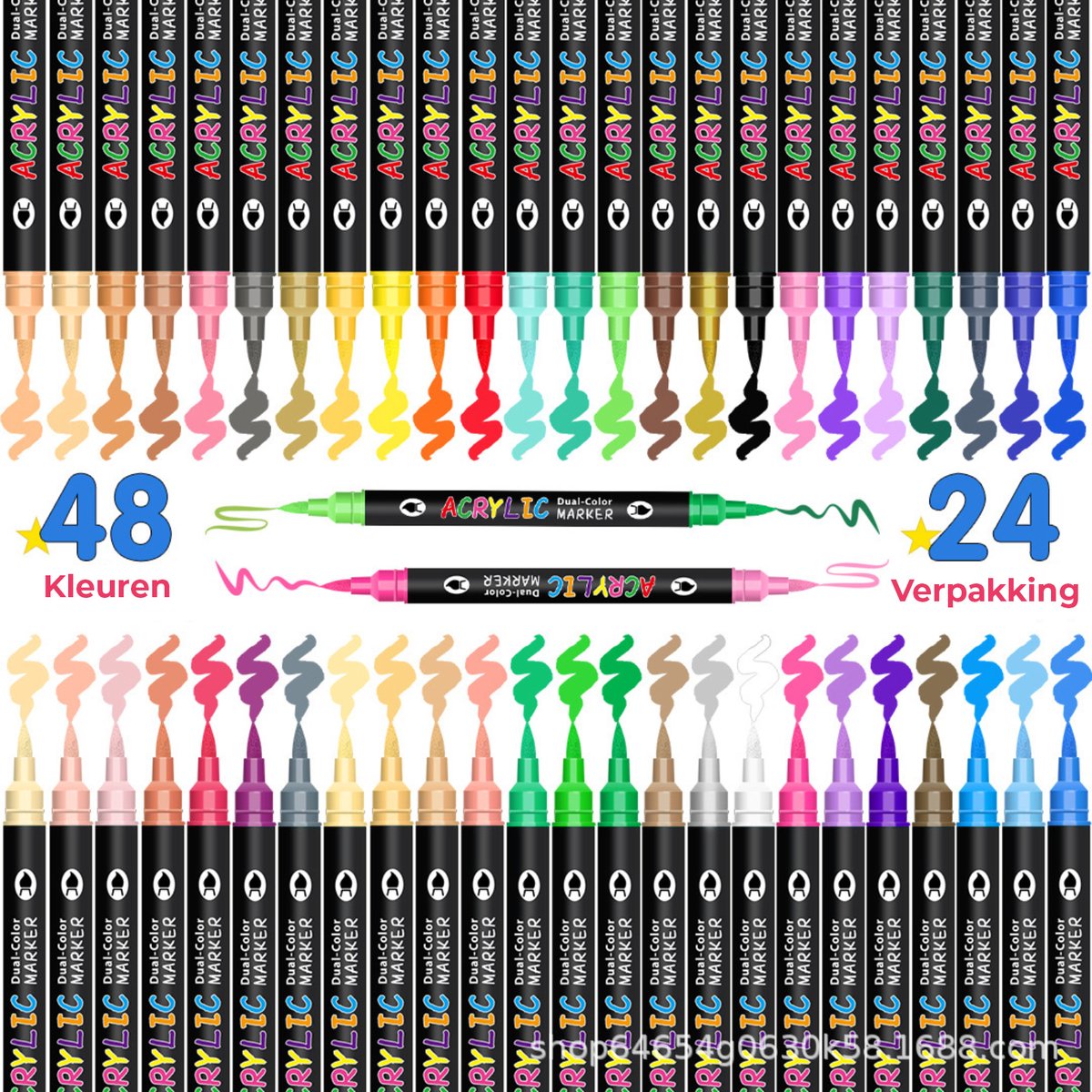 Acrylmarkers Dubbelzijdig - 24 Delig - 48 Levendige Kleuren Op Waterbasis Niet-Giftig Sneldrogend - Voor Studenten En Kunstprojecten - Multicolor
