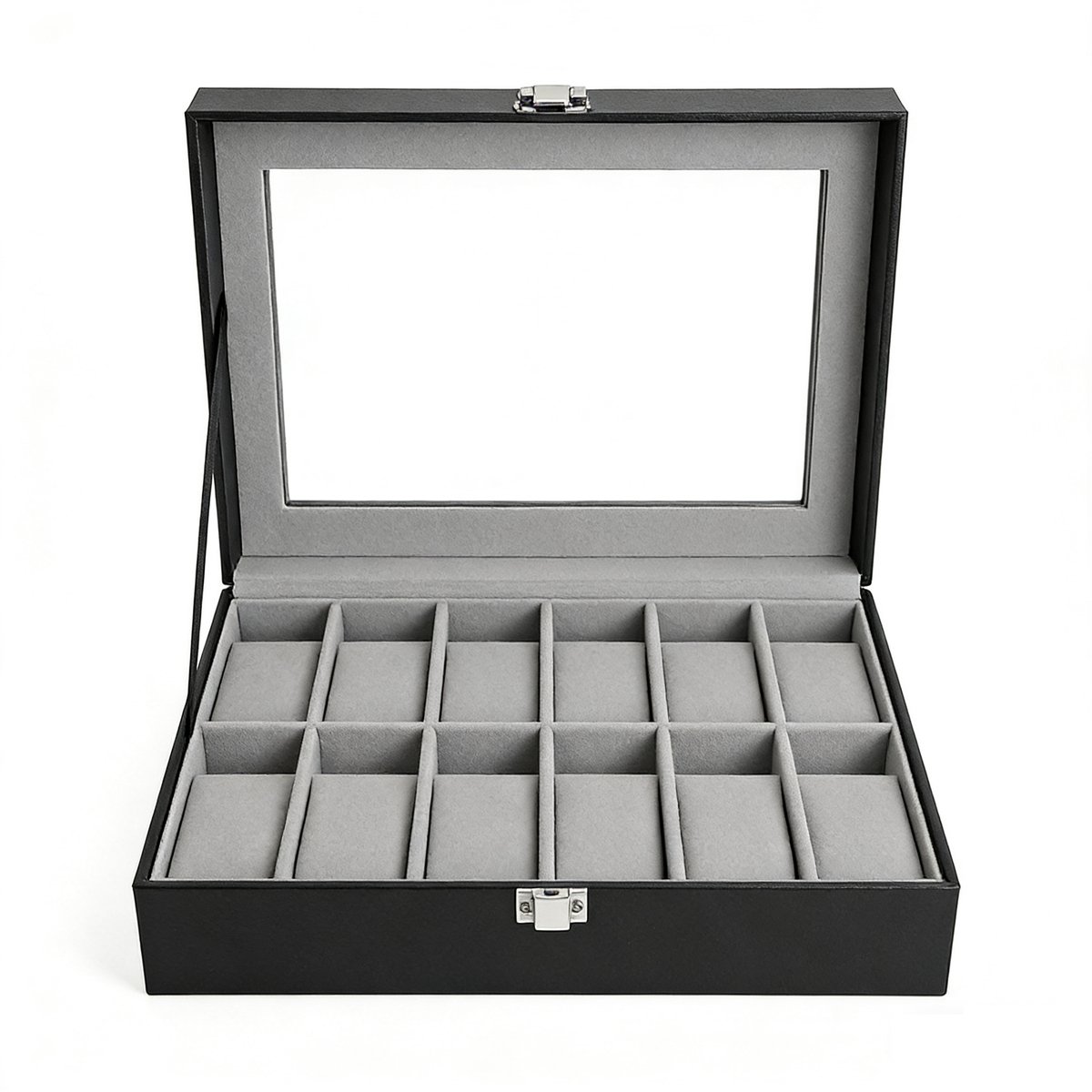 Horlogedoos 30,2 x 20,2 x 8,1 cm Zwart exterieur + grijze voering Sieradendoos Horlogedisplaydoos met metalen sluiting, glazen deksel, 12 vakjes en afneembare horlogekussentjes