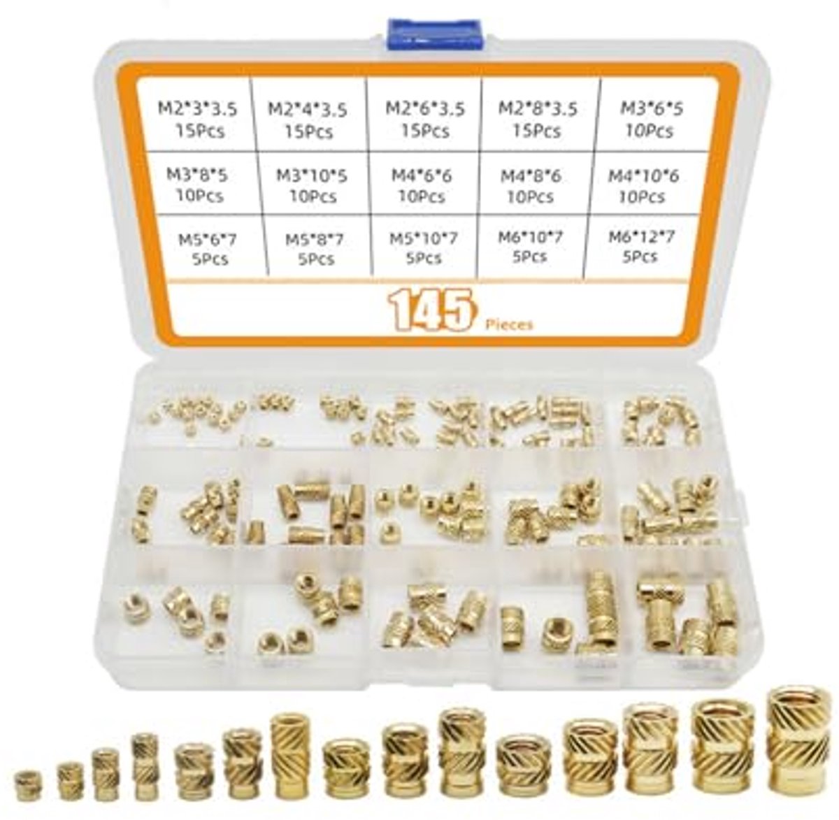 145 stuks messing schroef inzetstukken binnendraad gekartelde moeren, M2 M3 M4 M5 M6 inbedment moeren assortiment kit voor 3D-printen spuitgieten