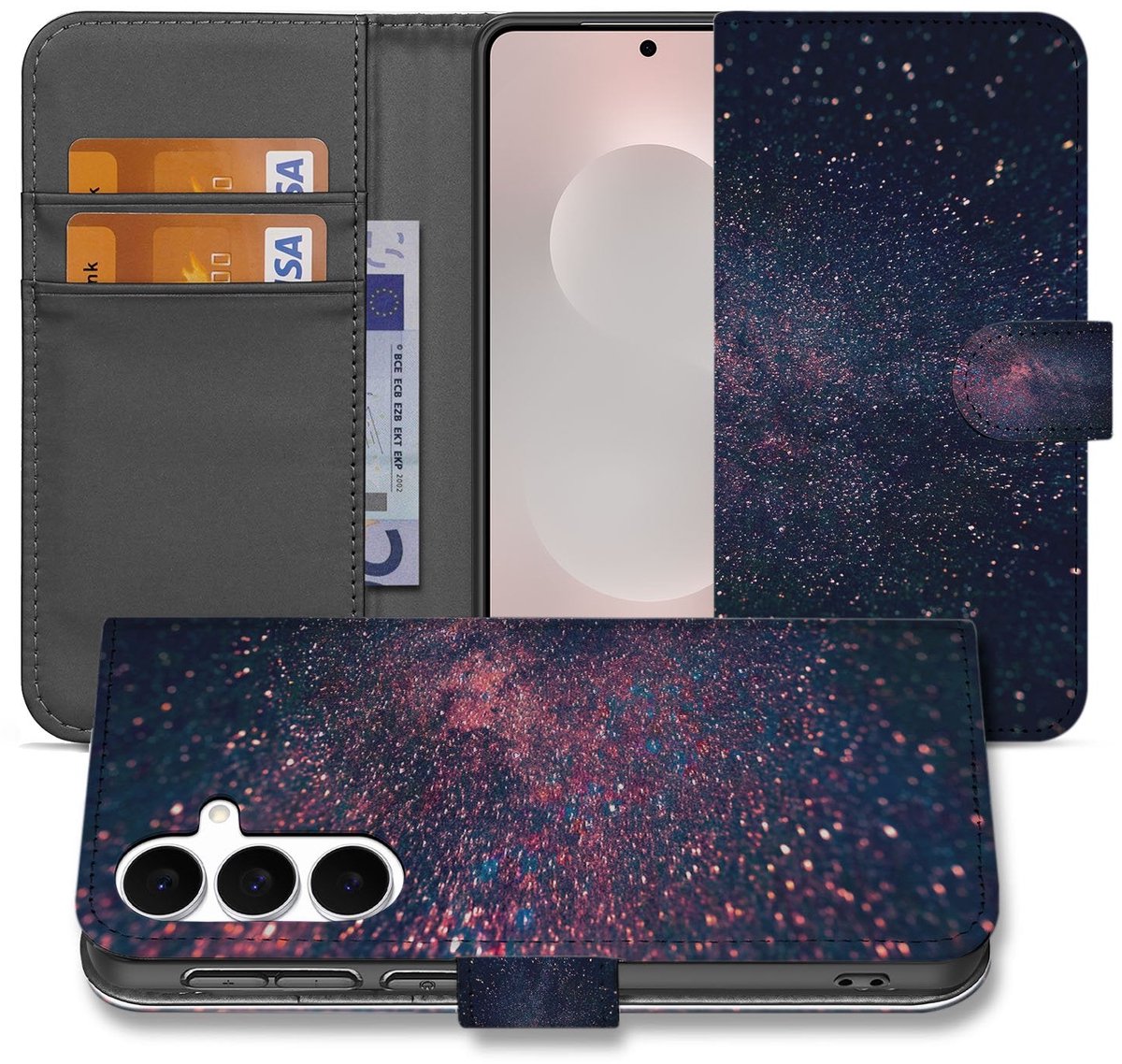 Samsung Galaxy S25 FE Book Case Stars Paars Blauw Glitter Hoesje Met 3 Pasjes