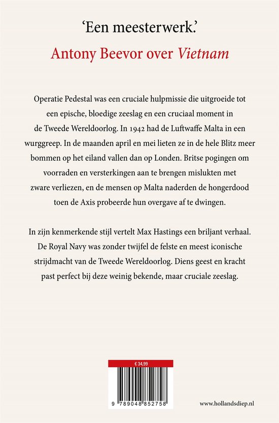 Achterkant boek 'Operatie Pedestal' met tekst over de Slag om Malta. Prijs: € 34,99.