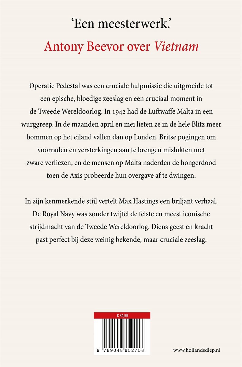Achterkant boek 'Operatie Pedestal' met tekst over de Slag om Malta. Prijs: € 34,99.