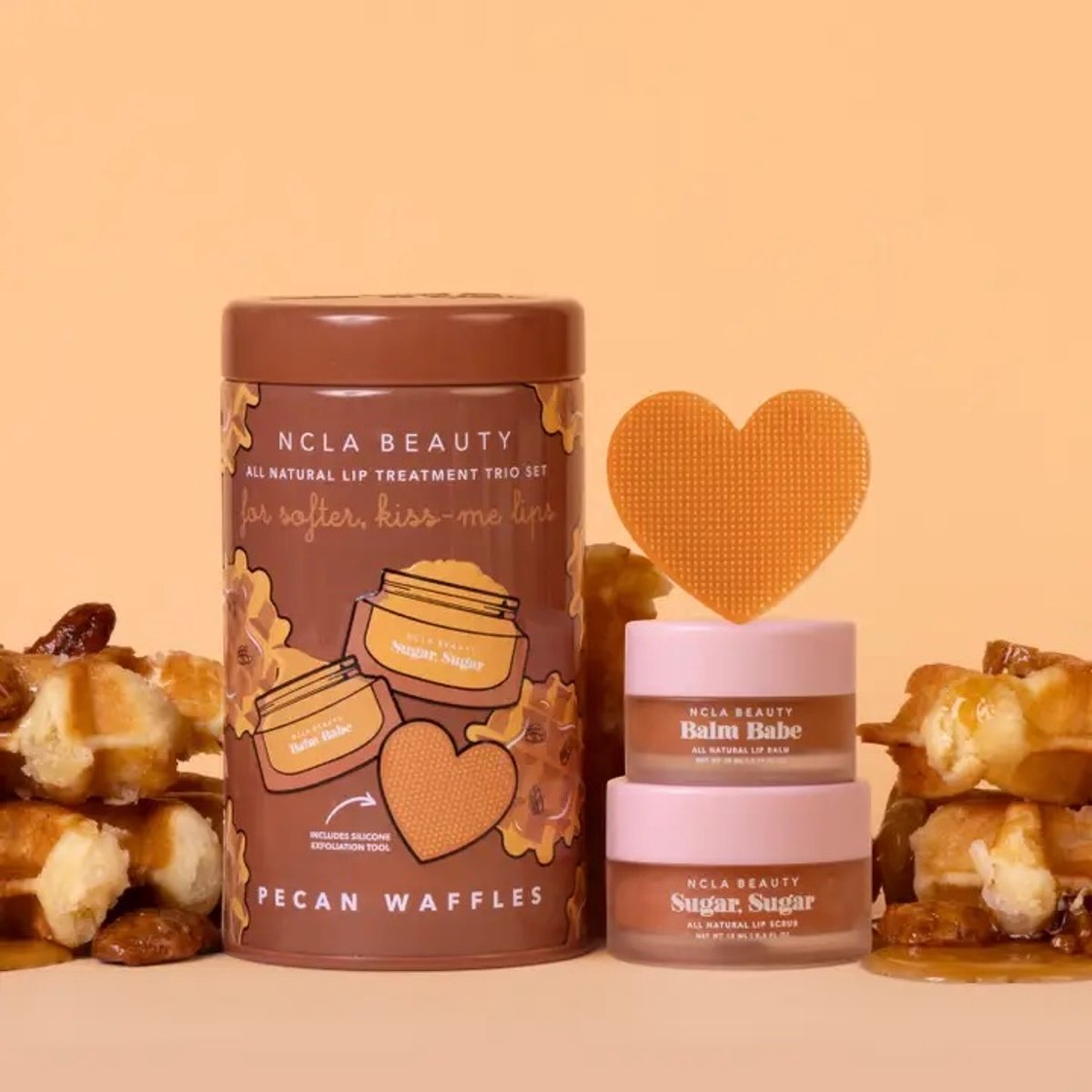 NCLA Beauty Pecan Waffles Lip Verzorgingsset – Lipscrub + Lippenbalsem + Siliconen Lipscrubber – Natuurlijk, Vegan & Hydraterend – Exfoliërend Lippen Duo – Selfcare & Beauty Cadeau