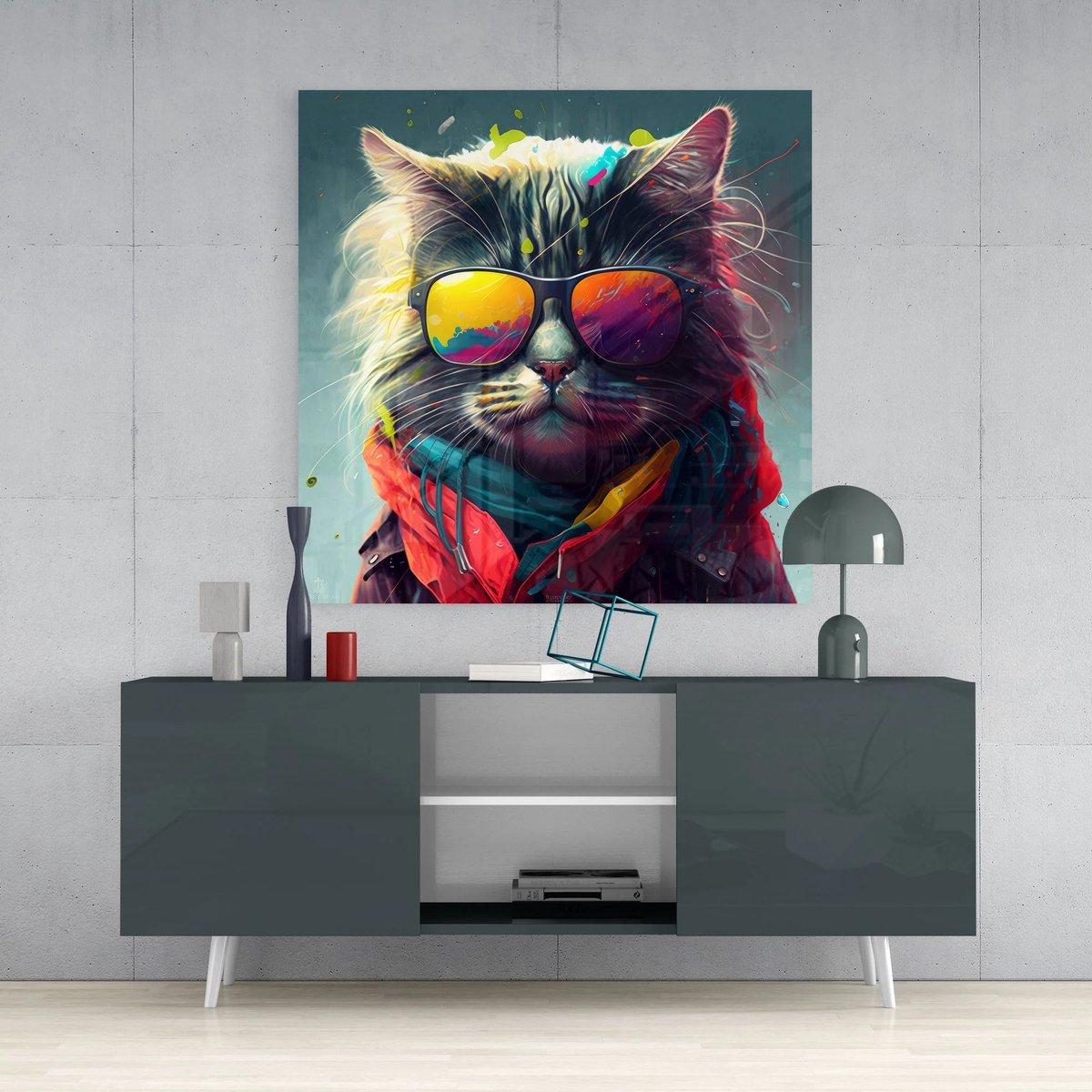 Insigne Art Vierkant Glasschilderij – Hippe Kat met Zonnebril - Wanddecoratie - 40x40 cm Kleurrijk