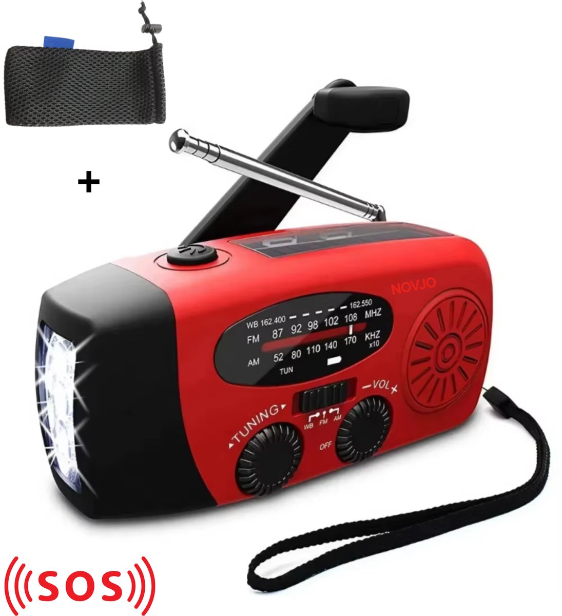 NOVJO® 2000mAh Noodradio – Solar, Dynamo, USB, LED Zaklamp, AM/FM/NOAA & Powerbank 2 jaar garantie.