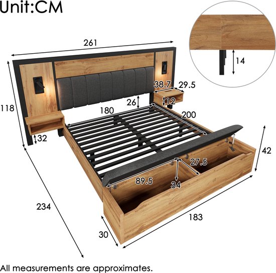 Tweepersoonsbed 180x200 cm - met nachtkastje met leeslamp en USB-C en bankje met opbergruimte - houtkleur - zonder matras