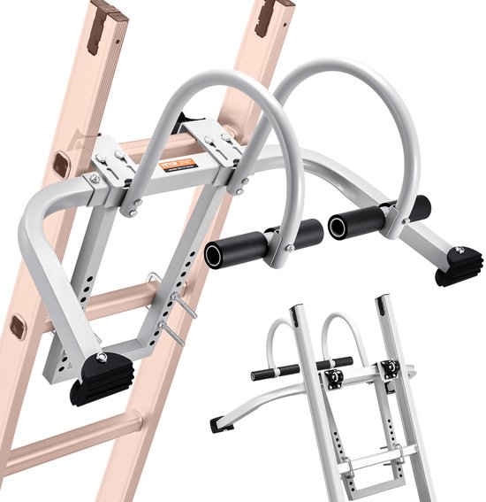 Zilverkleurige laddersteun bevestigd aan een ladder, met een tweede laddersteun ernaast.