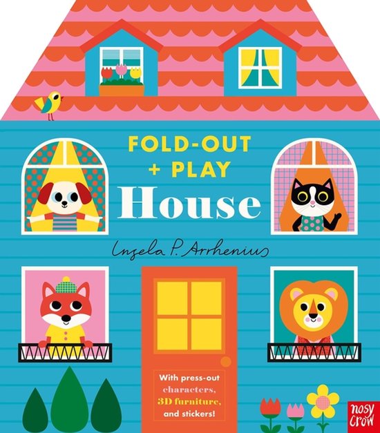 Maison pliable et jouets avec une maison bleue, toit jaune/rouge et animaux. Texte : 'Fold-Out + Play House'.