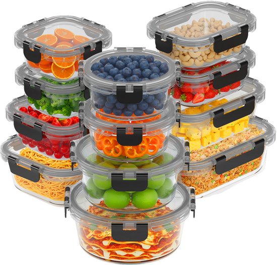 KitchenBrothers Meal Prep Bakjes Set - Glazen Vershoudbakjes - Luchtdicht - BPA Vrij - Diepvriesbakjes - Bewaarbakjes - 6,79L - Glas - 12 Stuks