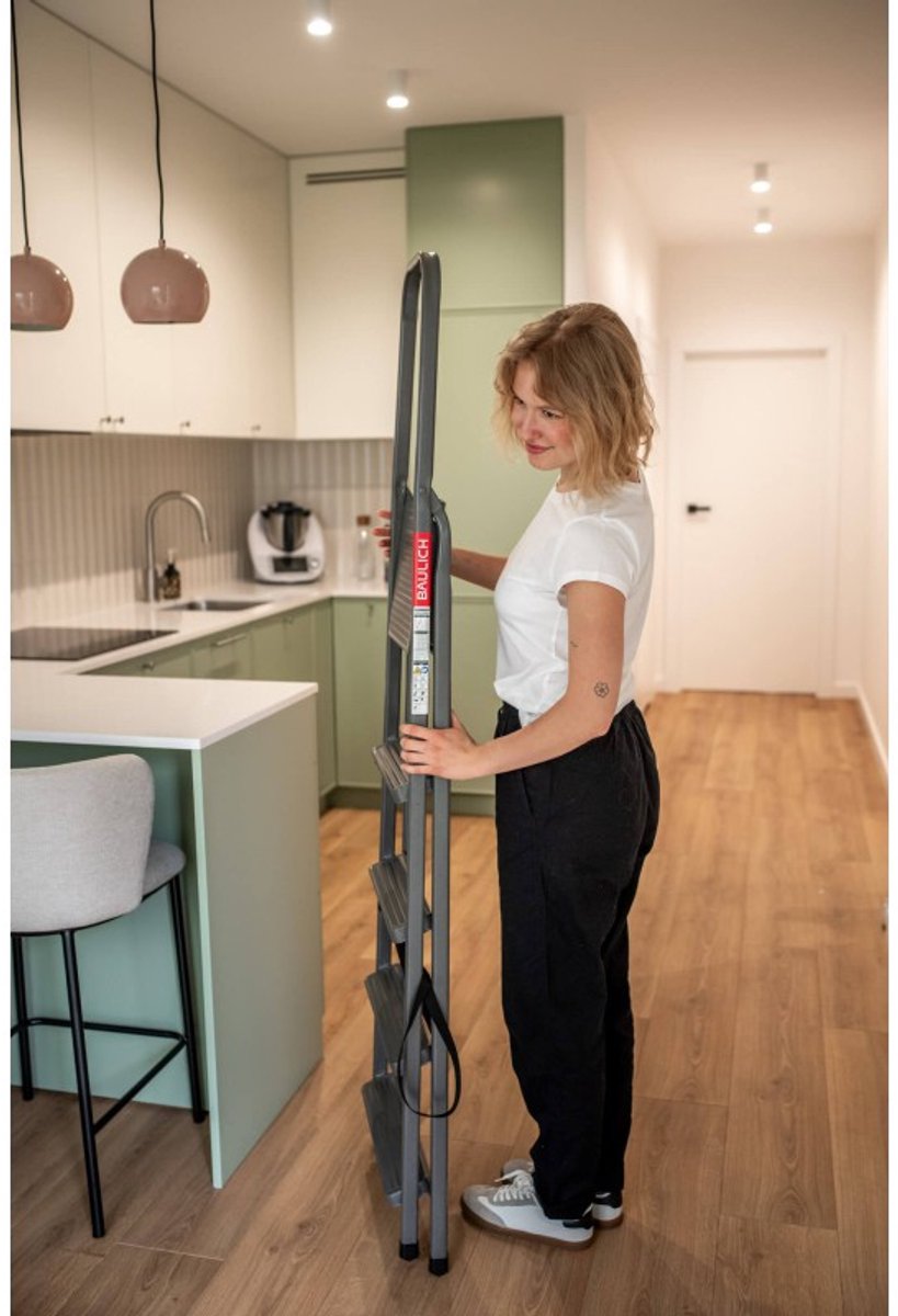 Baulich Opvouwbare huishoudtrap - Stalen vouwladder met 5 antislip treden en platform, draagvermogen 125 kg, werkhoogte 300 cm, stabiel met geprofileerde voeten – foto 6