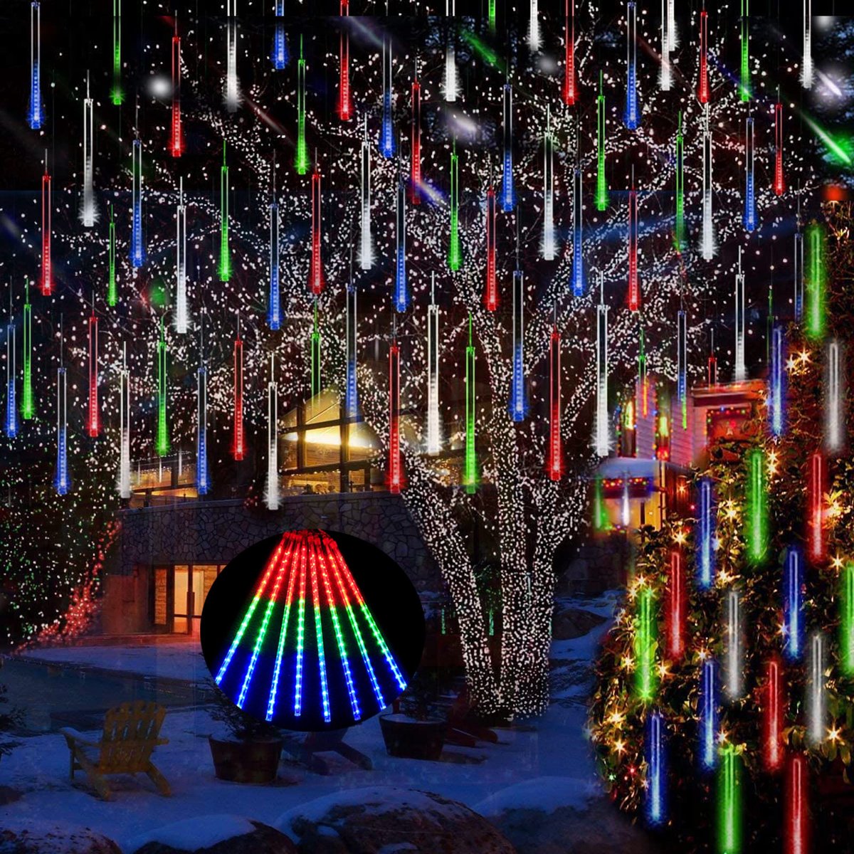 MUPOO 4x Kerstverlichting Meteorenregen Lichtsnoer voor buiten- 50cm 288 LEDS Veelkleurig - Vallende Sterren Effect-360° Buitenverlichting -Energiebesparing en milieubescherming-Voor Themapark Festivals