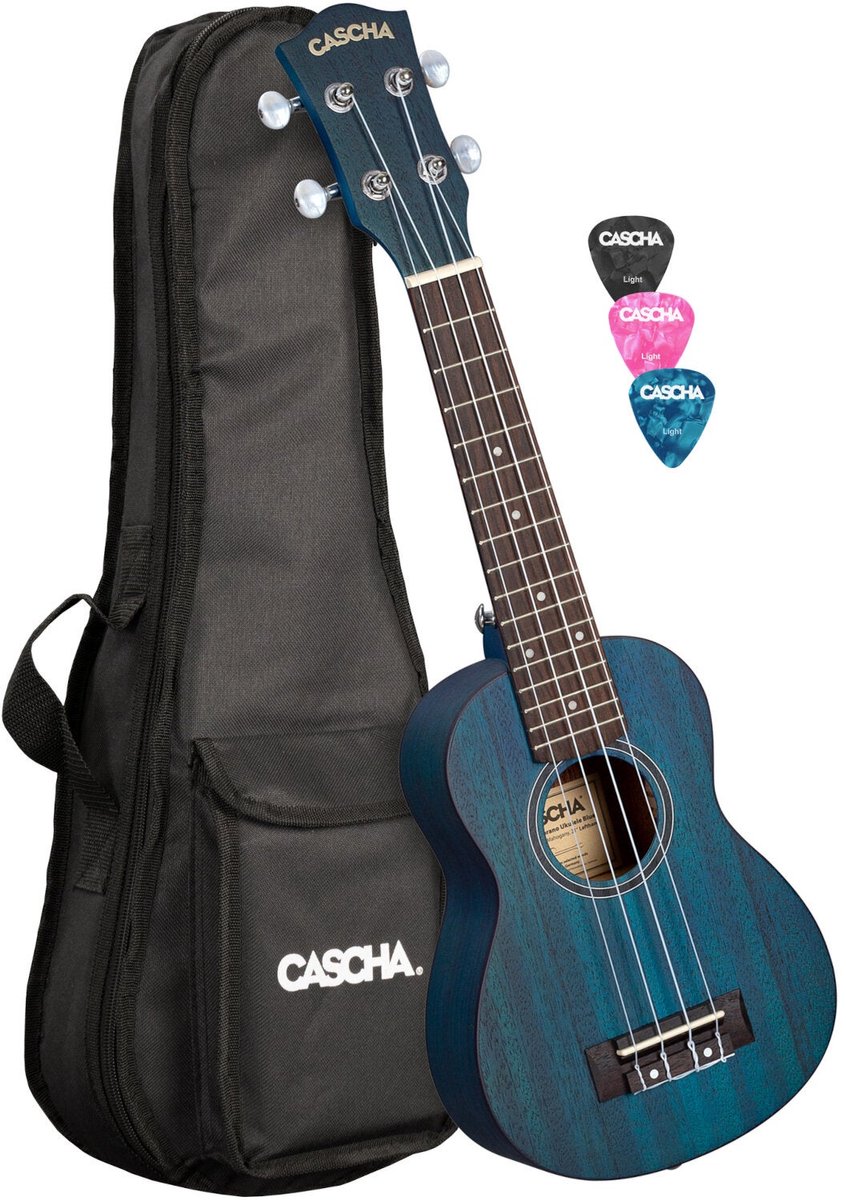 Cascha HH 2266L Premium Mahogany linkshandige sopraan ukelele set blauw