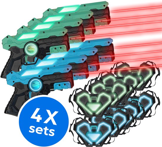 Silvergear Lasergame Set voor Kinderen 4-pack met 8 Laserguns en 8 Vesten - Interactief Speelgoed Pistool 50m Bereik - Schietspel - Laser Tag Battle - Buitenspeelgoed - Cadeau voor Jongens en Meisjes - Vanaf 6 Jaar - Blauw en Groen