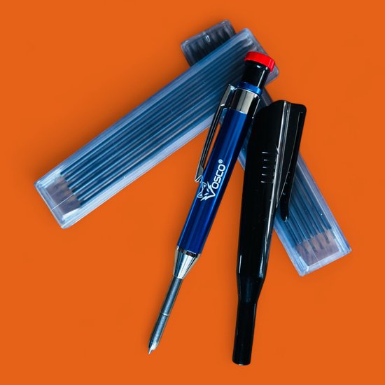 Vosco markeerstift met blauwe stift, zwarte dop en 2 houders met 2mm navullingen.