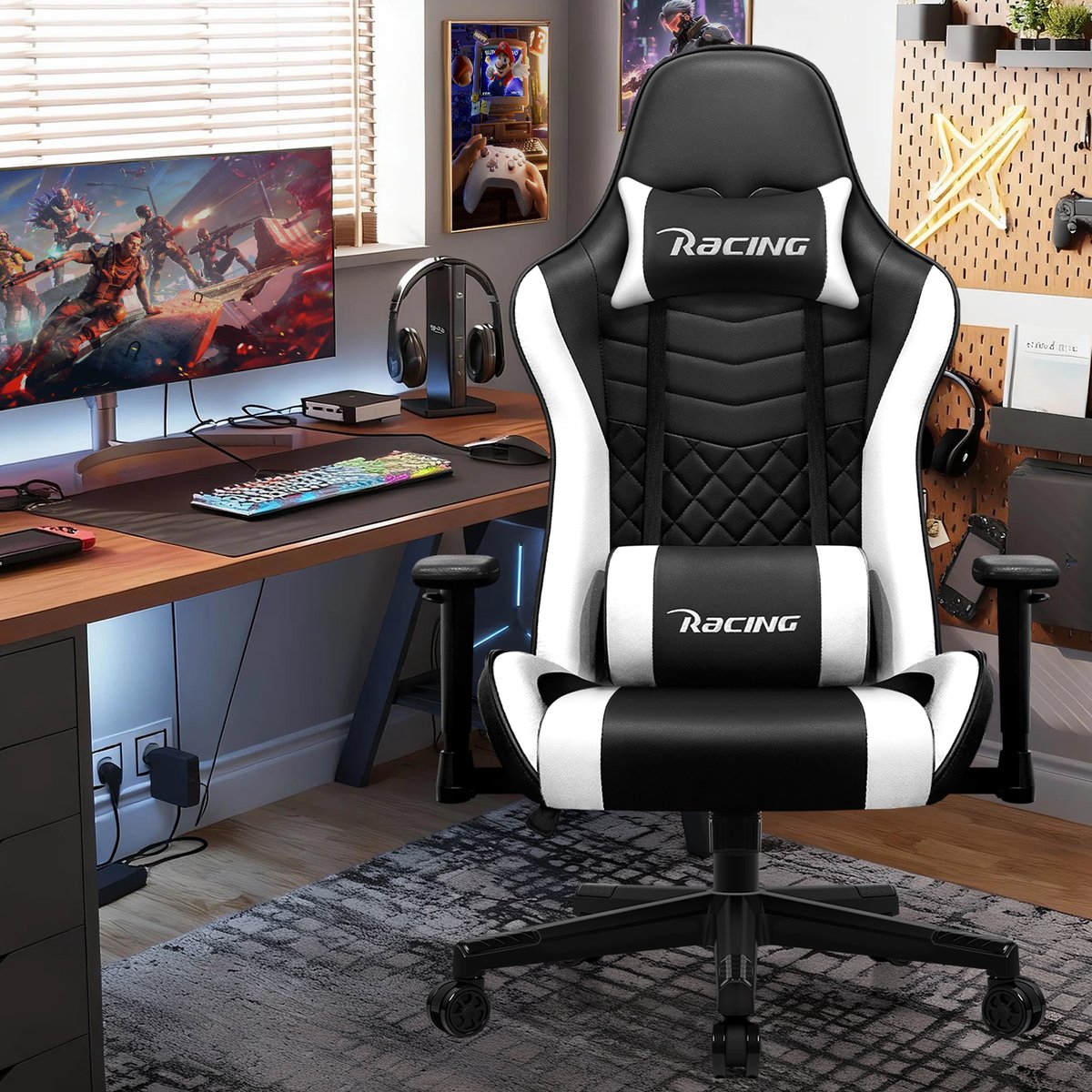 Elekiatech Gaming Stoel - 90°-170° Rugleuning - Gamestoel - Racing Style - Gaming Chair- Max Draaggewicht 150 kg - Game Stoel - Zwart-Wit