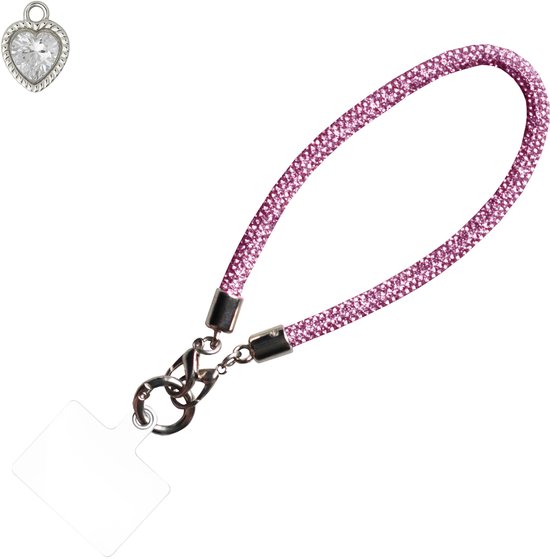 ADEL Telefoonkoord Kort voor Pols – Phone Cord / Telefoonketting Incl. Bedel – Telefoon Koord – Universeel (o.a. iPhone & Samsung) – Glitter Roze