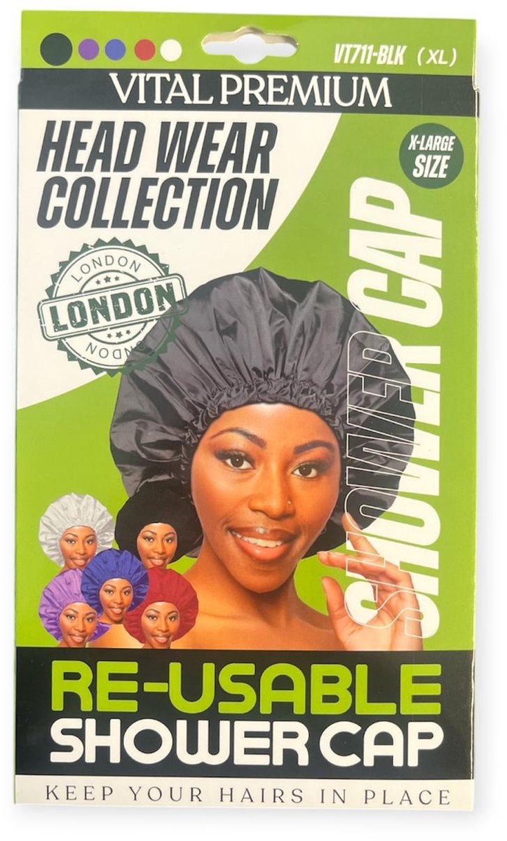 Vital Premium Re-Usable Shower Cap – Black (Large Size)