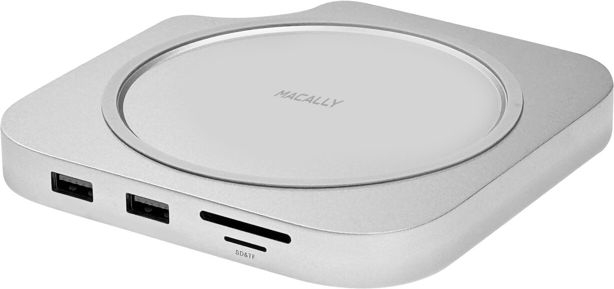 Macally MMINIDOCK-E dockingstandaard, hub en SSD-behuizing voor Mac mini M4/M4 Pro. Met drie USB-A-poorten, HDMI-poort, audio/mic-poort, SD/TF-kaartsleuven en M.2 NVMe-uitbreidingssleuf voor SSD’s (tot 8 TB)