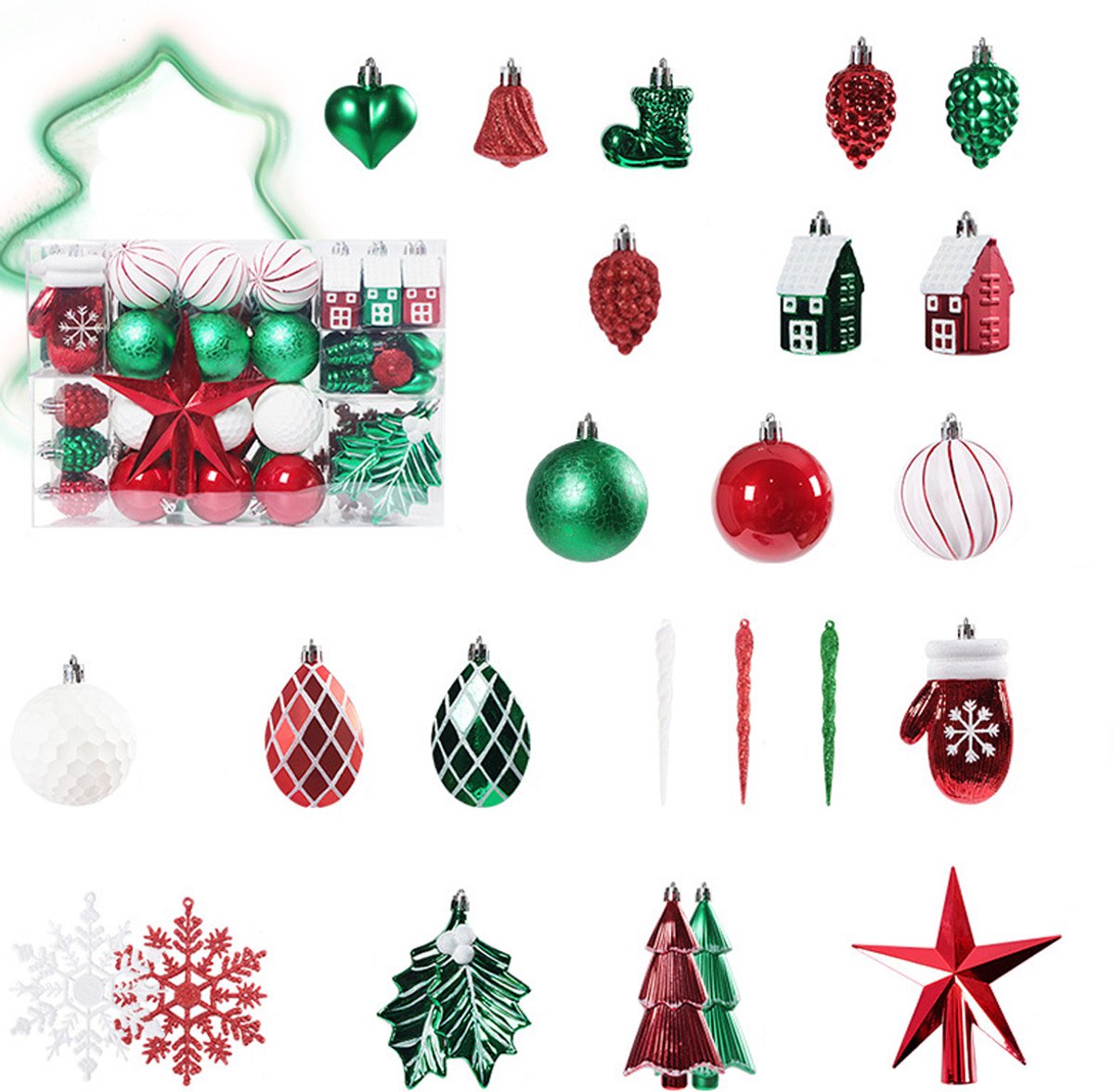 Kerstballen set van 88 stuks in rood, groen en wit, herbruikbaar.