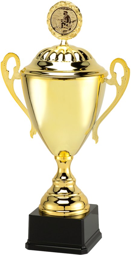 Gouden vis trofee met een zwarte voet en een medaille met een visser.