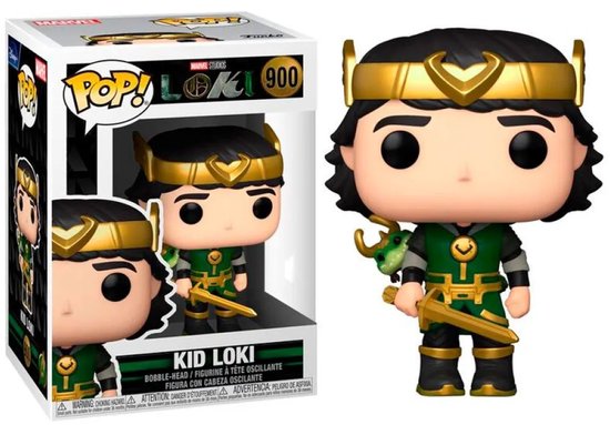 Kid Loki Funko Pop figuur in groene outfit met gouden helm, met drakencape en zwaard.