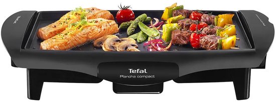 Tefal Plancha Compact grillplaat met zalm, groentespiesen en champignons.