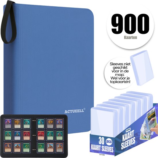 Verzamelmap 900 Kaarten – 9 pocket - Inclusief 30 Toploaders, Penny Sleeves & Card Sleeves – Binder map met ritssluiting – Premium leer - Blauw – 50 Pagina's – A4 Formaat
