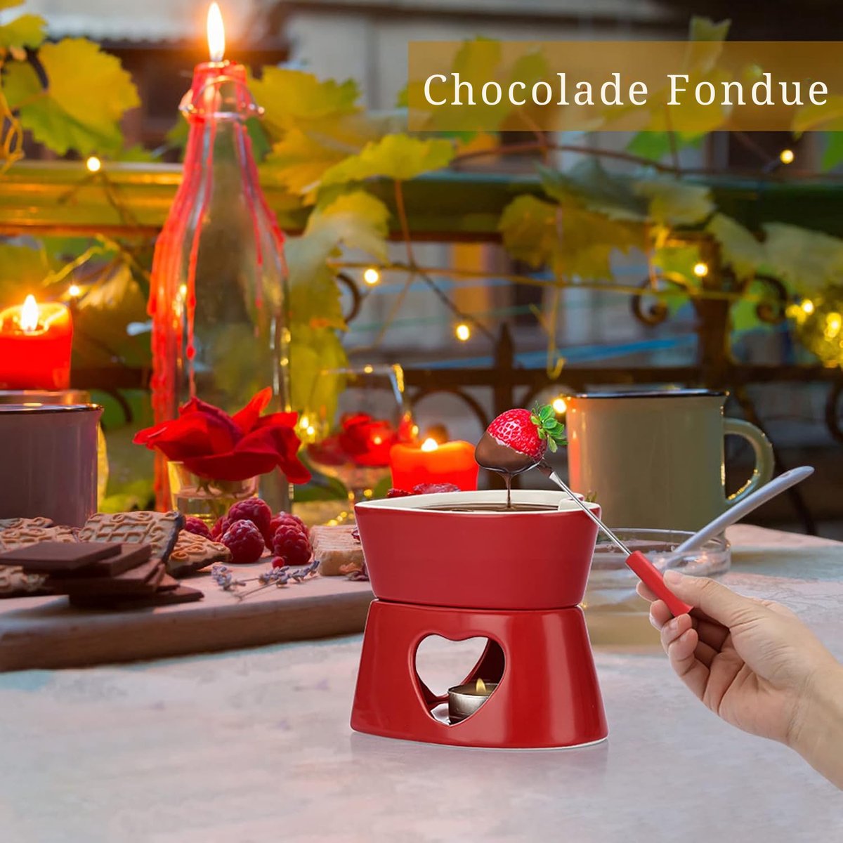 Kaasfondue Set - Hartvormig - 320 ML - Keramische Chocoladefondue Set - Theelichtfondue - Rood – foto 3
