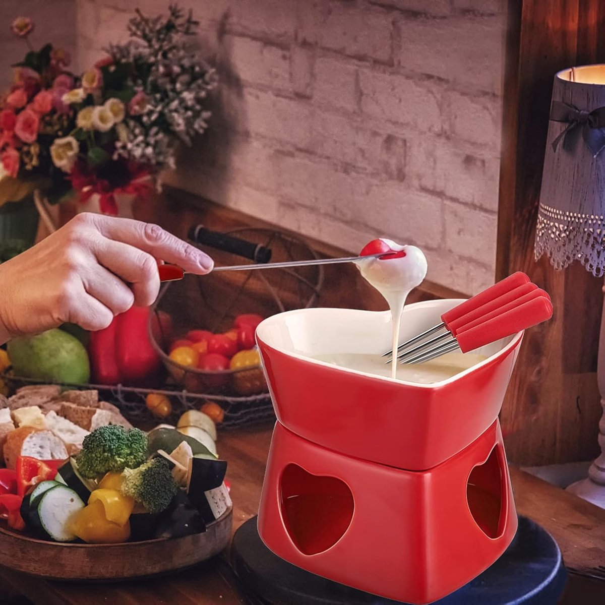 Kaasfondue Set - Hartvormig - 320 ML - Keramische Chocoladefondue Set - Theelichtfondue - Rood – foto 4