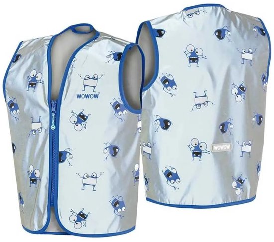 Kinderhesje in zilverkleur met blauwe monsterprint, ritssluiting en blauwe bies. Van voren en van achteren getoond.