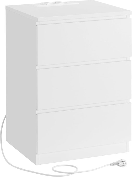 VASAGLE Bedside Table, Side Table, 3 Drawers, Beveled Edge, 2 AC Sockets, 2 USB Ports, Living Room, Bedroom, Study, Modern, Ebony Black LET631B56