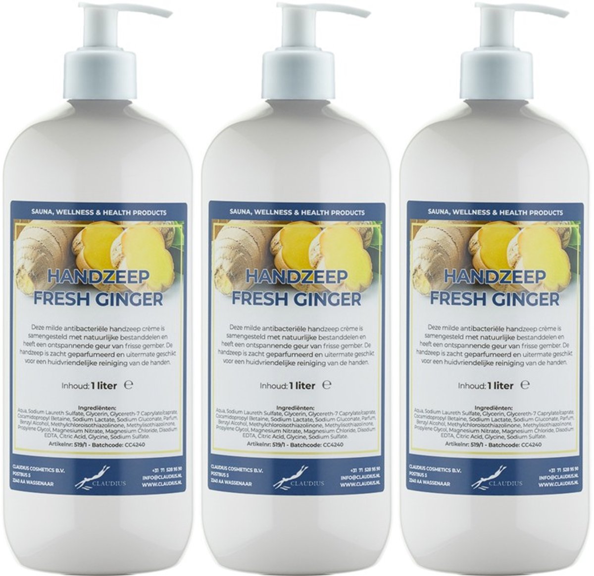 Handzeep Fresh Ginger 1 liter - set van 3 stuks - met gratis pomp - Voordeelverpakking