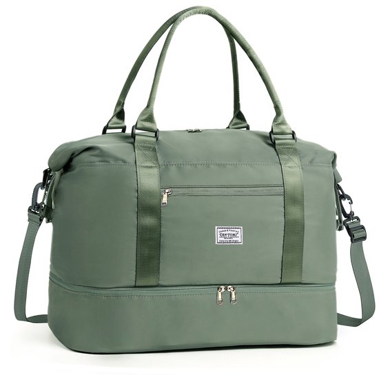 Groene duffeltas met twee handvatten, een afneembare schouderband en een apart vak voor schoenen.