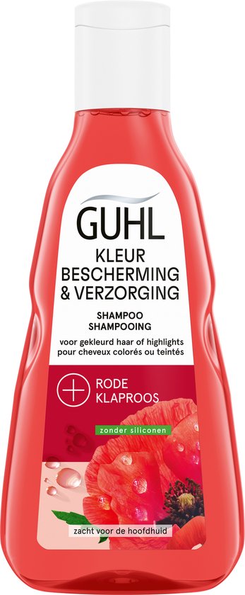 Guhl shampoo fles in rood met witte label tekst 'Kleur Bescherming & Verzorging' en een rode papaver.