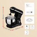 Zwarte KitchenBrothers keukenmachine met garde, zilveren kom en productinformatie.