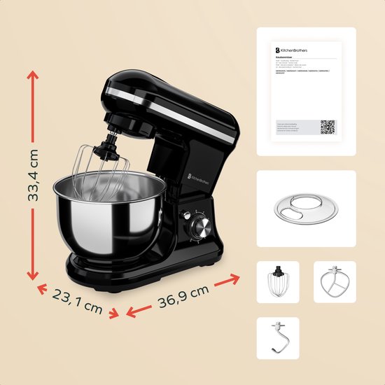 Zwarte KitchenBrothers keukenmachine met garde, zilveren kom en productinformatie.
