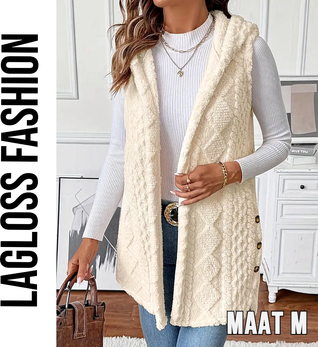 LaGloss® Elegante Mouwloze Dames Vest – Crème – Open Model met Zijknopen & Capuchon – Maat M