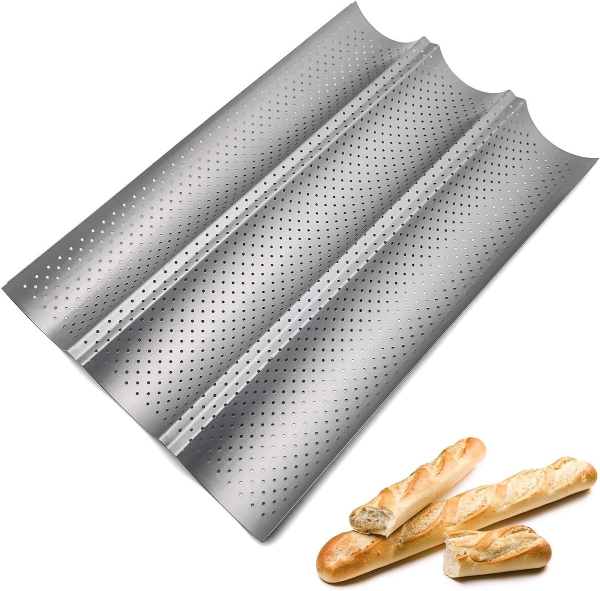 Baguette Bakplaat - Stokbroodvorm - Baguette bakvorm - Bakvorm voor Stokbrood - Stokbrood Bakvorm - 3 rijen - Stokbroodvorm patisse - Bakvorm - Broodbakvorm - Hot Dog-Broodjes - Geperforeerd en Anti Aanbak - 38 cm - 1 stuk