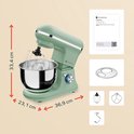 Afmetingen pastelgroene keukenmachine: 33,4 cm hoog, 23,1 cm breed en 36,9 cm diep.