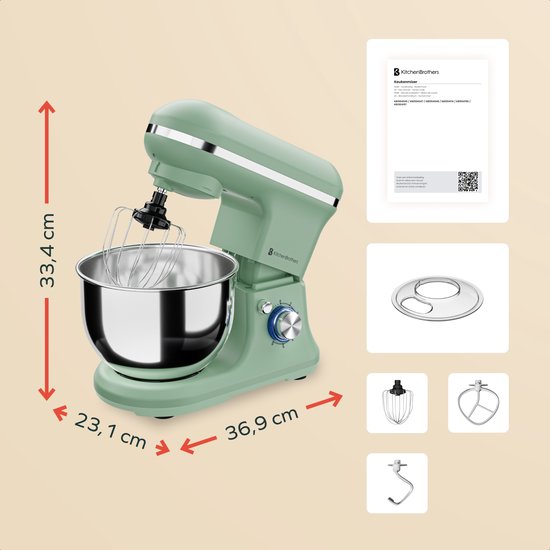 Afmetingen pastelgroene keukenmachine: 33,4 cm hoog, 23,1 cm breed en 36,9 cm diep.