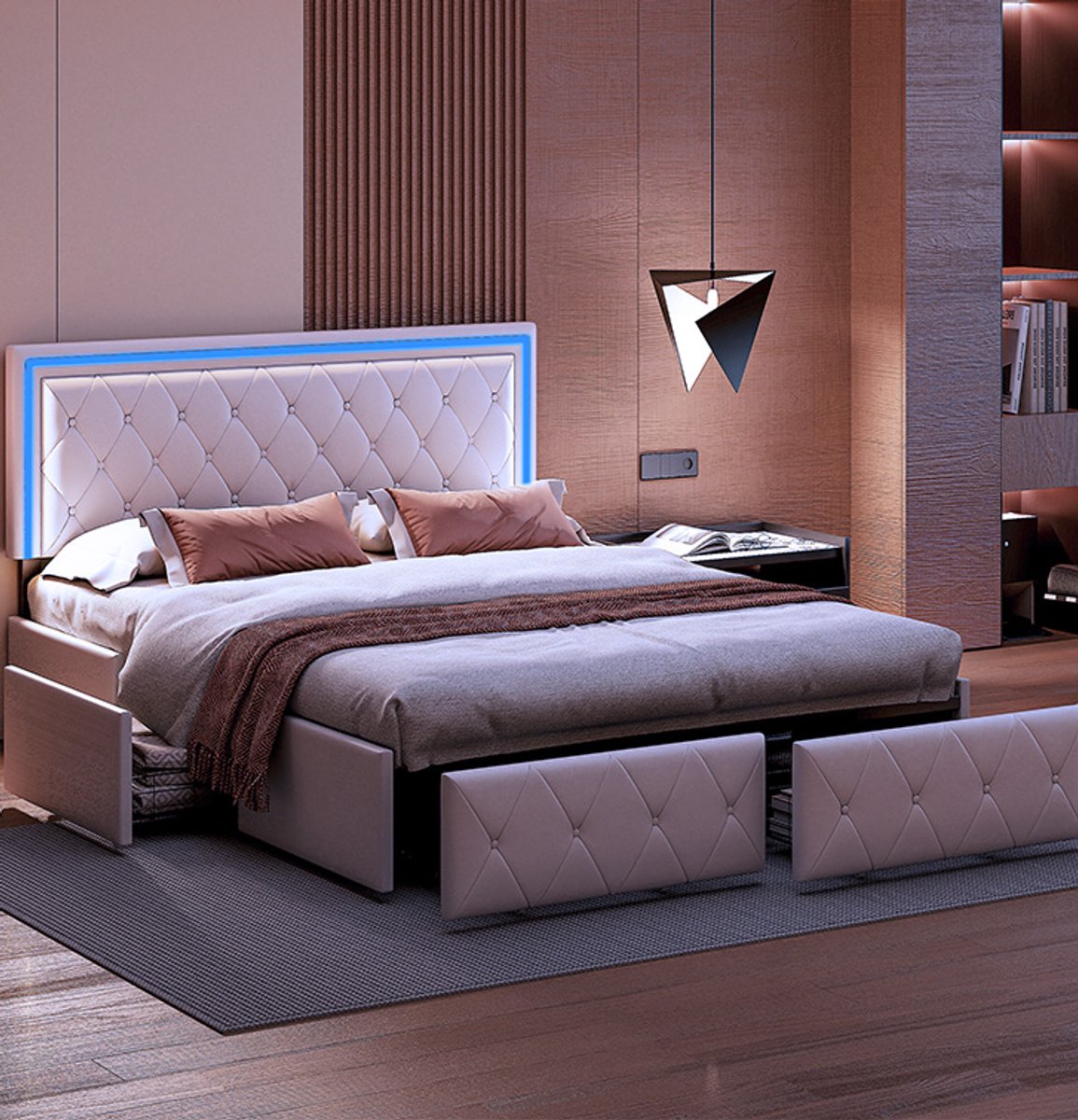 ROSAHQNDA Modern tweepersoonsbed met lades, LED-lederen bedframe met opbergruimte, 140 x 200 cm, zonder matras (wordt in 2 pakketten verzonden) Beige-140x200cm