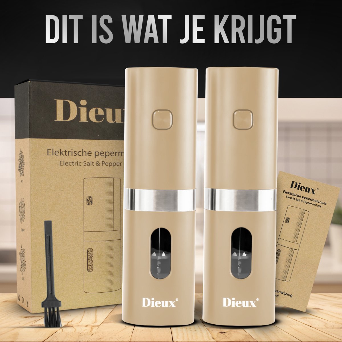Dieux - Elektrisch Peper en Zoutmolen set - Beige - Pepermolen - Zoutmolen - 2 stuks - Instelbare maalgraad - Hervulbaar - Barbecue - BBQ accesoires - Luxe kwaliteit - Kruidenmolen — cadeau in Kookcadeaus - foto 7