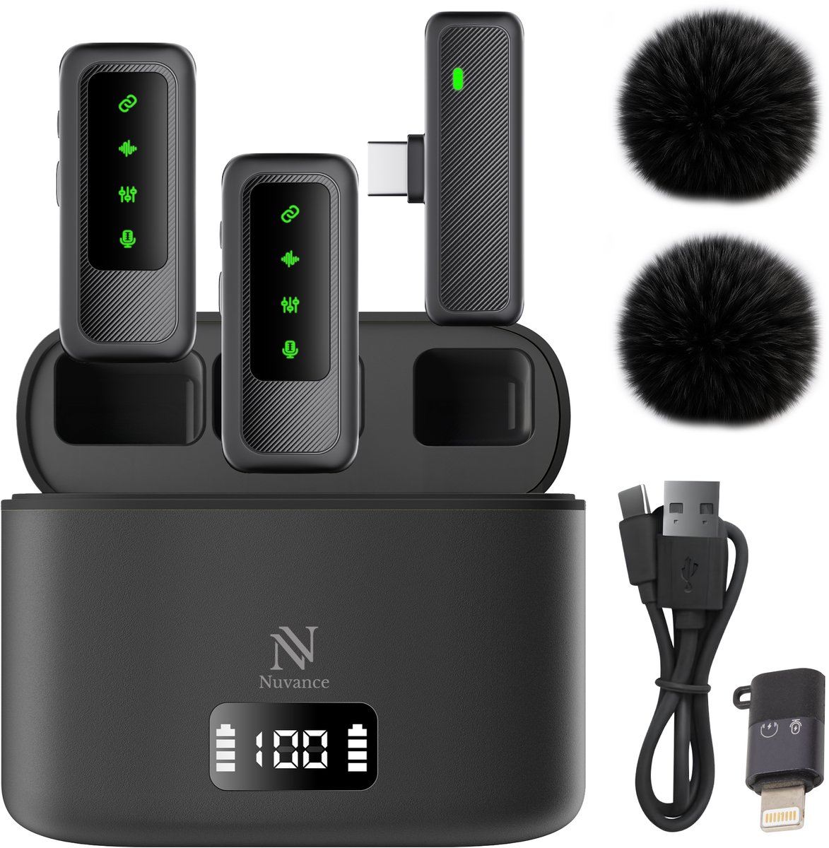Nuvance Draadloze Microfoon - 2 Stuks - Oplaadcase - Mini Dasspeld Microfoon - Lavalier - USB C - Incl. 2 Windshields