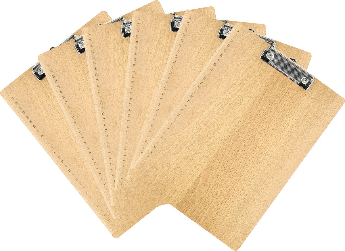 Klembord A4 – Set van 6 Houten Klemborden – Met Sterke Klem en Liniaal – Harde Houtlook Schrijfplaat voor School, Kantoor, Horeca en Thuis