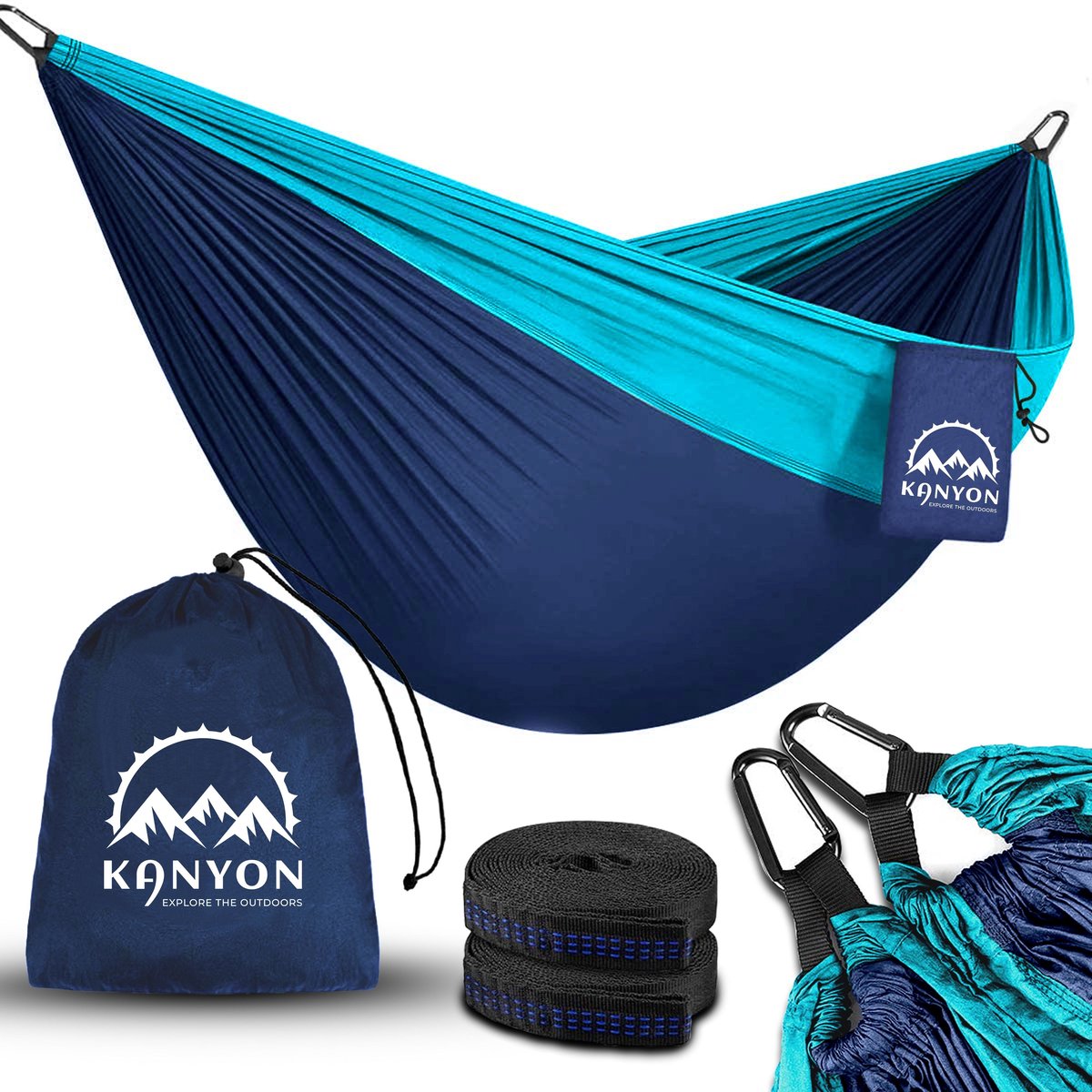 Bol.com Kanyon Hangmat - incl. Karabijnhaken en Riemen - licht parachutestof - 260 x 140 cm - tot 200kg - Turkooise/Donkerblauw aanbieding