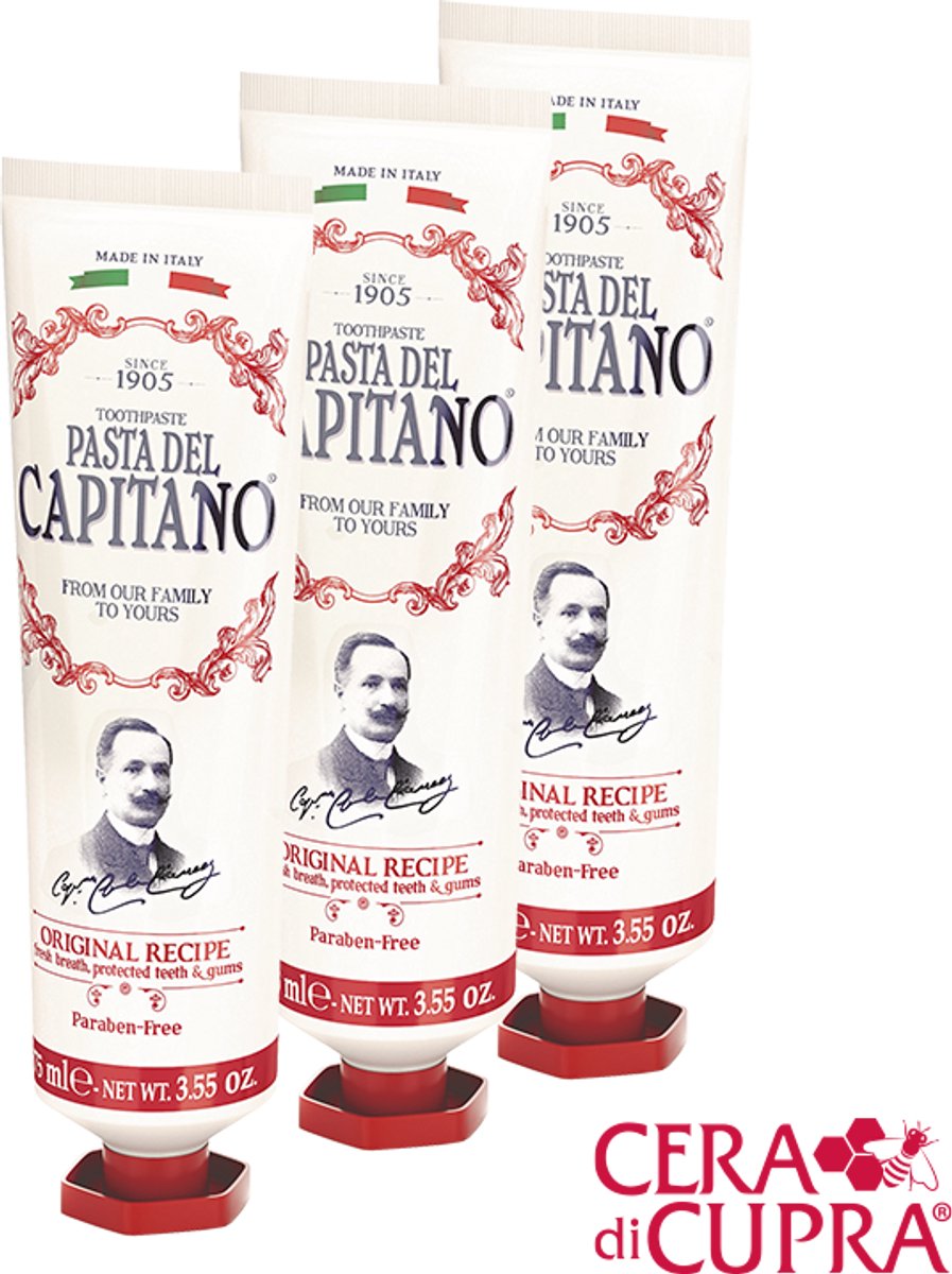 Pasta del Capitano 1905 – Original Recipe - 3 tubes, € 8,95 per stuk, inclusief tubeknijper: de meest verkochte tandpasta in Italië met onmisbare smaak op basis van kruidnagelbladeren, groene mint en kaneel voor een frisse adem.