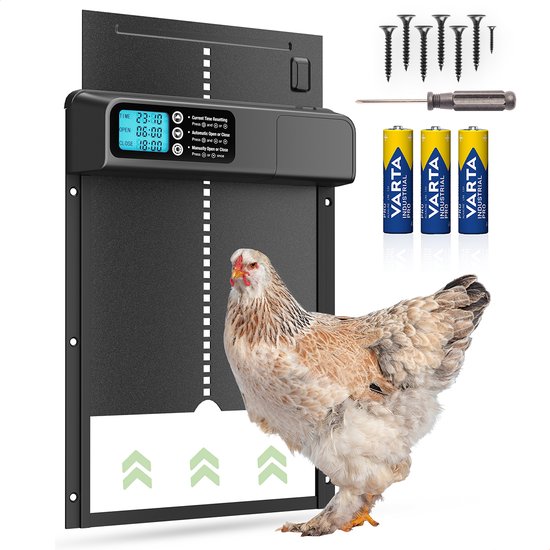 FAVE® Trappe à poules automatique - Avec minuterie - Porte à poules automatique - Ouvre poulailler pour poulets - Chickenguard - Porte de poulailler - Trappe à poules sur piles - Piles incluses