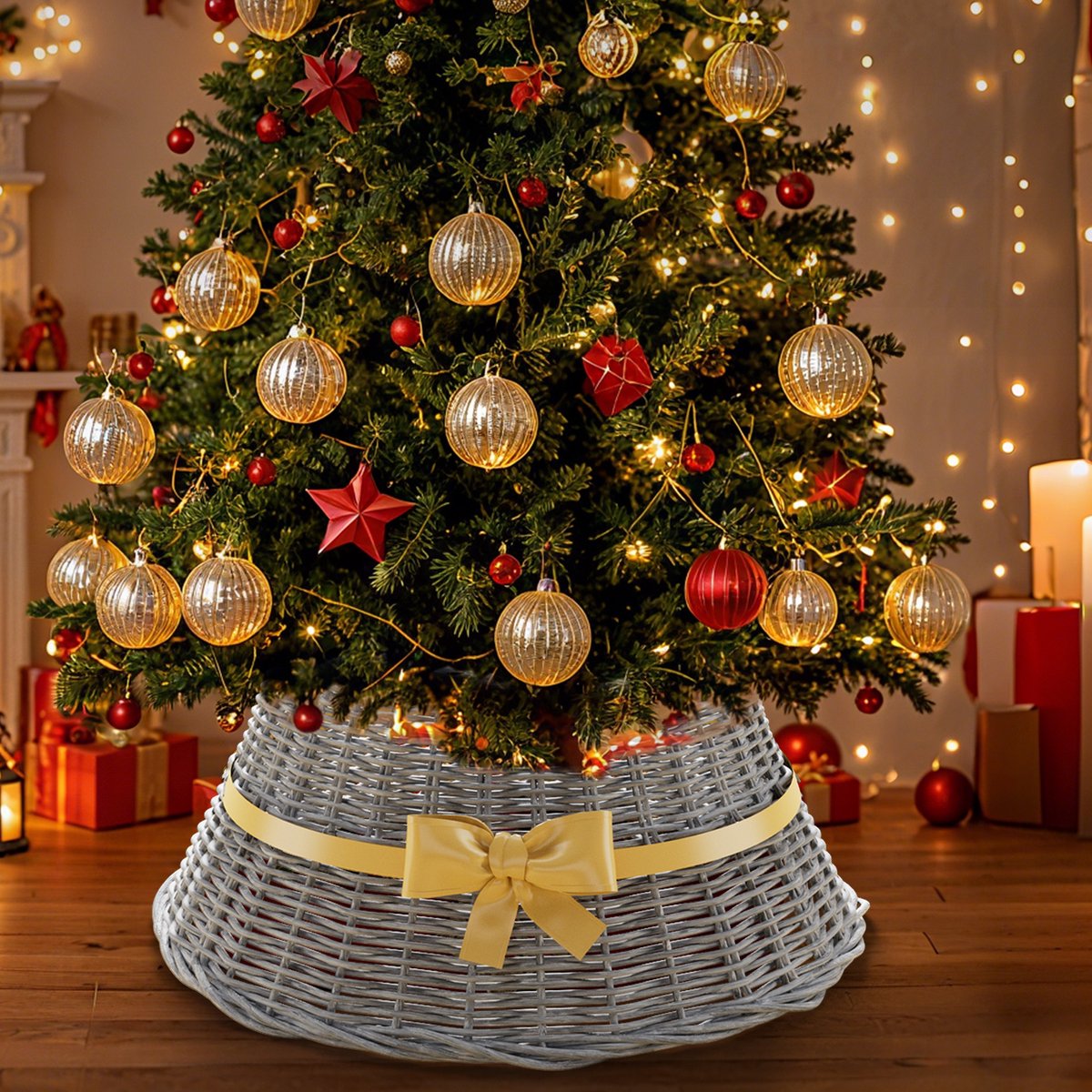 Soontrans Kerstboommand- Kerstboomrok van Wilgenvlechtwerk- Decoratieve hoes om de kerstboomstandaard - Kerstboomring - kraag Kerstboomrok-58cm-Grijsachtig wit