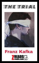 Boekomslag van 'The Trial' met een schilderij van een man met een wit verband om zijn ogen en tekst van Franz Kafka.